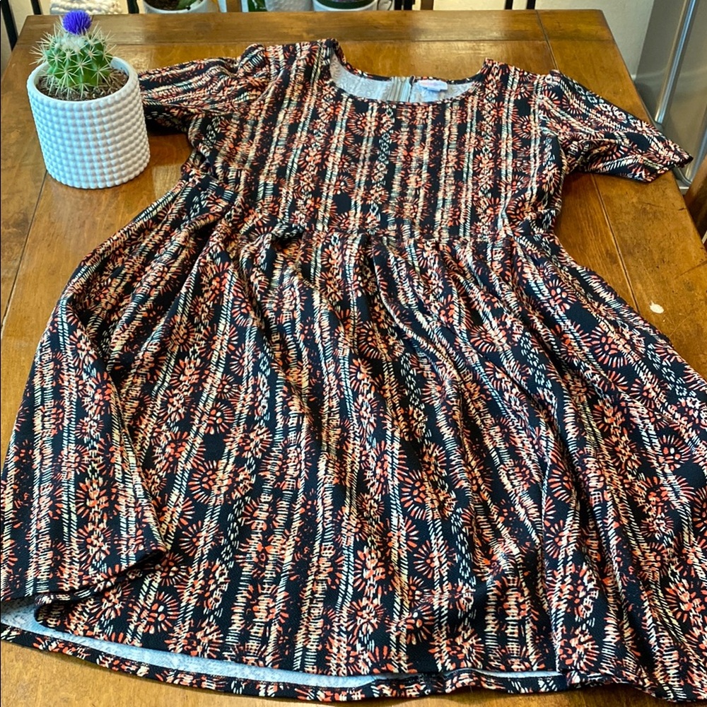 Boho Print Midi Dress Black Orange Flowy Casual Dress 2XL
